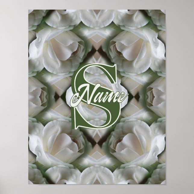 Custom Monogram Your Initial Name White Rose Poster (Front)