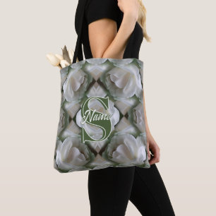 Custom Monogram Your Initial Name White Rose Tote Bag
