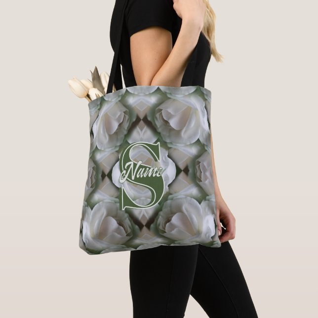 Custom Monogram Your Initial Name White Rose Tote Bag (Close Up)
