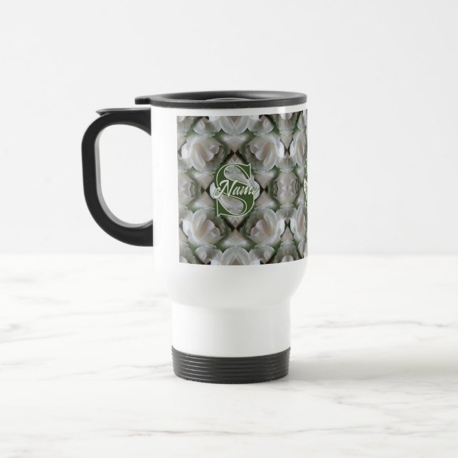 Custom Monogram Your Initial Name White Rose Travel Mug (Left)