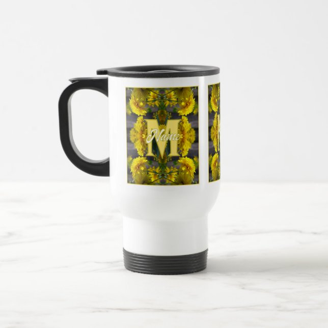 Custom Monogram Your Initial Name Yellow Flowers Travel Mug (Left)