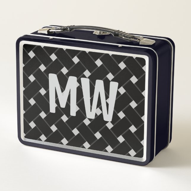 Custom Monogrammed Black and White Weaved Pattern Metal Lunch Box (Back)