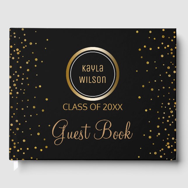 Custom Monogrammed | Black Gold Graduation Party Guest Book (Front)
