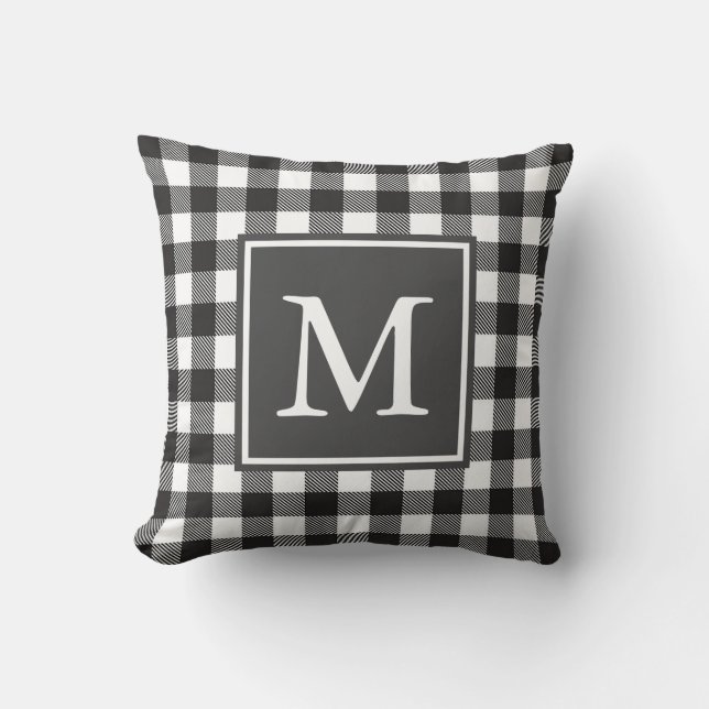 Custom Monogrammed Black & White Buffalo Plaid Cushion (Front)