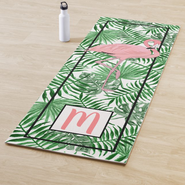 Custom Monogrammed Cute Flamingo Watercolor Art Yoga Mat (In Situ)