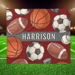 Custom Monogrammed Deep Red Sports Fleece Blanket<br><div class="desc">Perfect for athletes of all ages and families for sporting events. Stay warm at chilly football, soccer, hockey and basketball sports games and cuddle up on the couch with this custom monogrammed multi sport patterned fleece blanket. Includes a cool and unique illustrated border pattern of sports balls and hockey pucks...</div>
