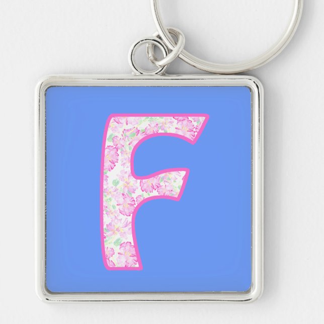 Custom Monogrammed F Keychain, Pink Roses Pattern Key Ring (Front)