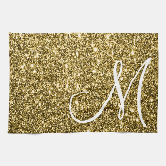 Custom Monogrammed Faux Gold Glitter Sparkle Tea Towel (Horizontal)