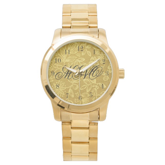 Custom Monogrammed Gold Floral Watch (Front)