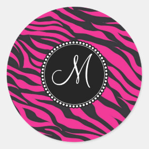 Custom Monogrammed Initial Hot Pink Black Zebra Classic Round Sticker