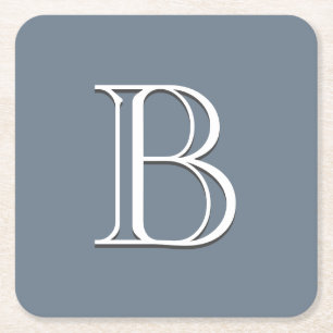 Custom Monogrammed Initial Medium Blue & White Square Paper Coaster