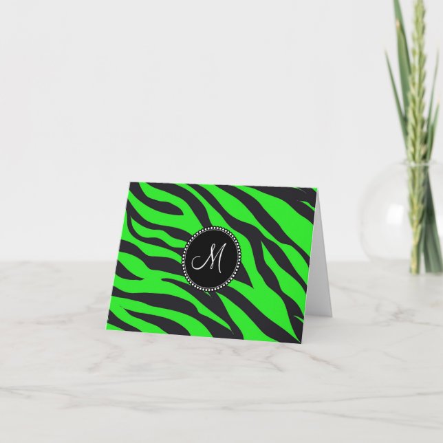 Custom Monogrammed Initial Neon Green Black Zebra Note Card (Front)