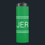 Custom Monogrammed Initials Drink Travel Green   Thermal Tumbler<br><div class="desc">Three Initial Monogrammed thermal tumblers are timeless, classic and stylish. Perfect for hot and cold beverages! Our Unique design is the perfect personalized gift for that special occasion. Shop our integrated collection of coordinating colors and golf - sports accessories. Custom personal monogrammed initials are added to the kelly green background...</div>