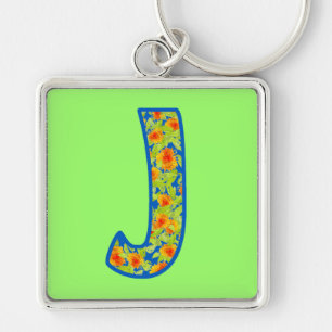 Custom Monogrammed J Keychain, Marigolds Pattern Key Ring