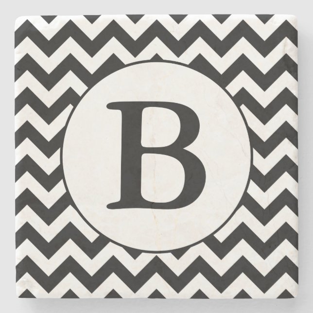 Custom Monogrammed Large Black Chevron Design Stone Coaster (Front)