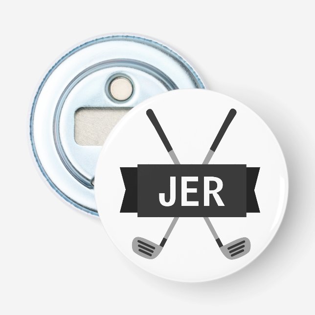 Custom Monogrammed Modern Crossed Club Cool Black Bottle Opener (Front)