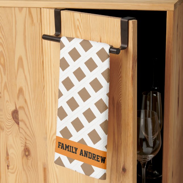 Custom monogrammed modern diamonds pattern brown tea towel (Thirds Fold)