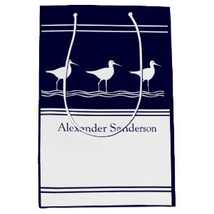Custom Monogrammed Name Navy Blue Sandpiper Bird Medium Gift Bag
