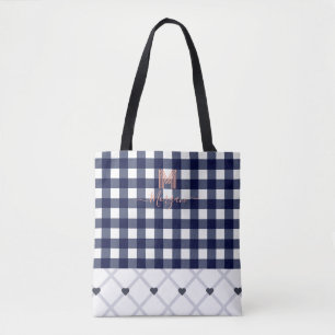 Custom Monogrammed Navy Blue Checkered Tote