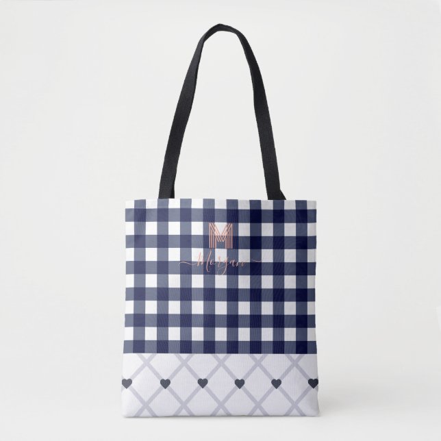 Custom Monogrammed Navy Blue Chequered Tote (Front)