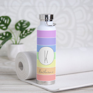 Custom Monogrammed Pastel Rainbow Colourful Stripe Water Bottle