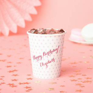 Custom Monogrammed Pink Stars Kids Birthday Party Paper Cups
