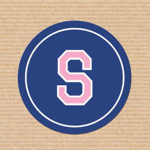 Custom Monogrammed Retro Bold Navy Pink Classic Round Sticker