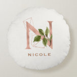 Custom Monogrammed Rose Gold Floral Initial N Round Cushion<br><div class="desc">The letter N - a beautiful monogram initial in rose gold embellished with an exquisite watercolor floral and geometric shape pattern.  Ideal gift and keepsake idea for your favourite bridesmaid.  Easily customise the name of your choice.</div>