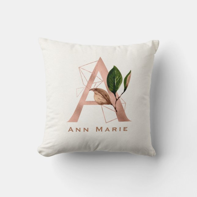 Custom Monogrammed Rose Gold Floral Initial Round  Cushion (Front)
