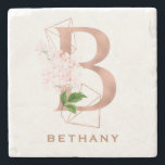 Custom Monogrammed Rose Gold Floral Initial Stone Coaster<br><div class="desc">The letter B - a beautiful monogram initial in rose gold embellished with an exquisite watercolor floral and geometric shape pattern.  Ideal gift and keepsake idea for your favourite bridesmaid.  Easily customise the name of your choice.</div>