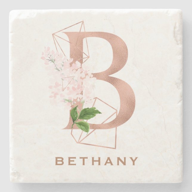 Custom Monogrammed Rose Gold Floral Initial Stone Coaster (Front)