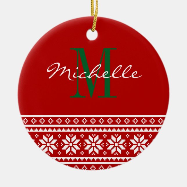 Custom monogrammed round Christmas tree ornament (Front)