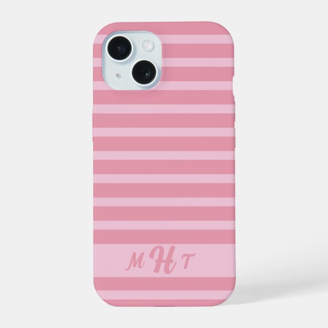 Custom Monogrammed Striped Blush Pink  iPhone 15 Case (Back)