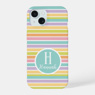 Custom Monogrammed Striped Pastel Patterned iPhone 15 Case