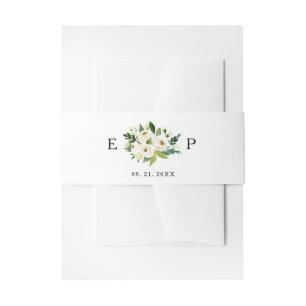 Custom Monogrammed White Roses Greenery Invitation Belly Band
