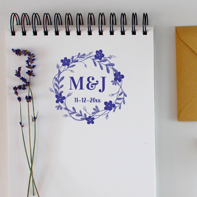 Custom Monograms and Wedding Date Floral Wreath Self-inking Stamp (Creator Uploaded)