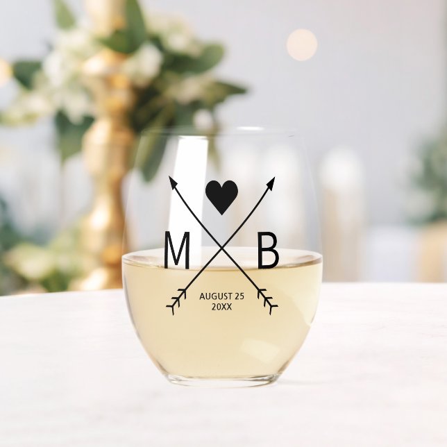 Custom Monograms Love Heart Arrows 2024 Stemless Wine Glass (Insitu (Wedding))