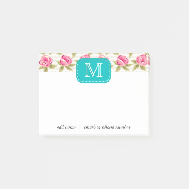 Custom Monograms Post-it® Notes with roses (Front)