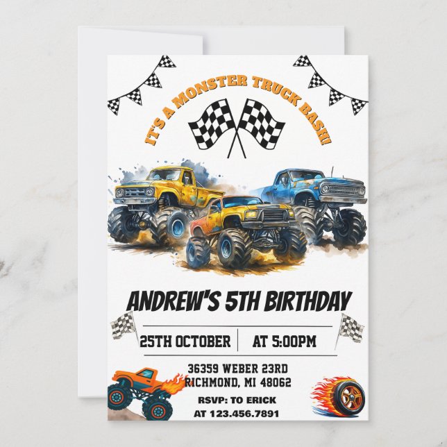 Custom Monster Truck Cars Birthday Party For Boys Invitation (Front)
