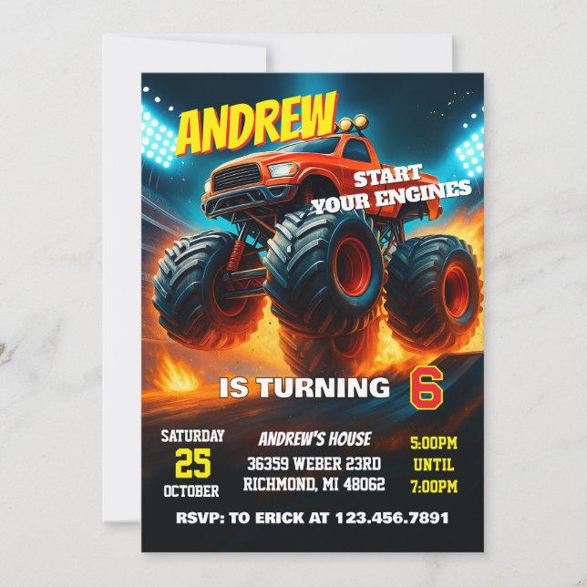 Custom Monster Truck Cars Birthday Party  Invitation (Front)