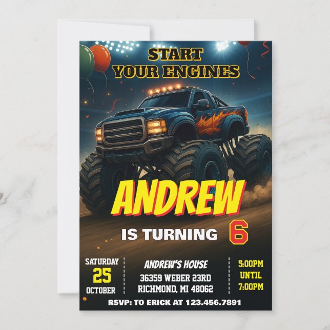 Custom Monster Truck Cars boys Birthday Party  Invitation (Front)