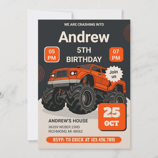 Custom Monster Truck Kids Party Birthday Invitation (Front)