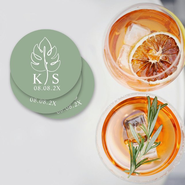Custom Monstera Monogram Save the Date Logo Round Paper Coaster (Creator Uploaded)