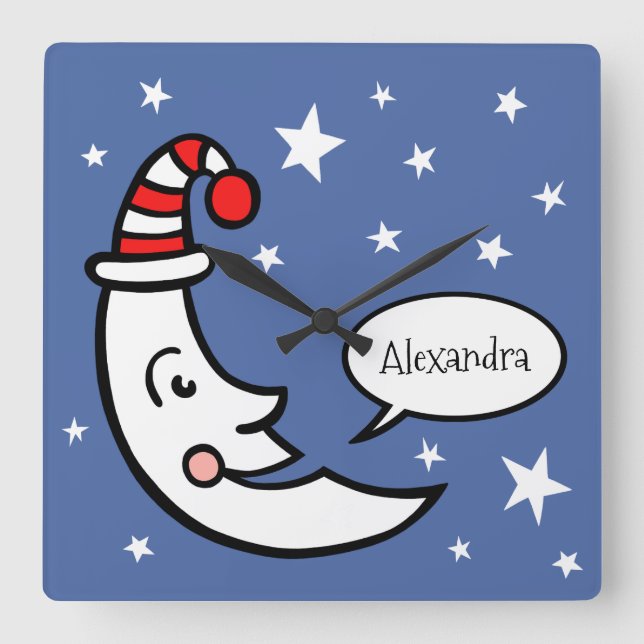 Custom Moon Face and Stars Square Wall Clock (Front)
