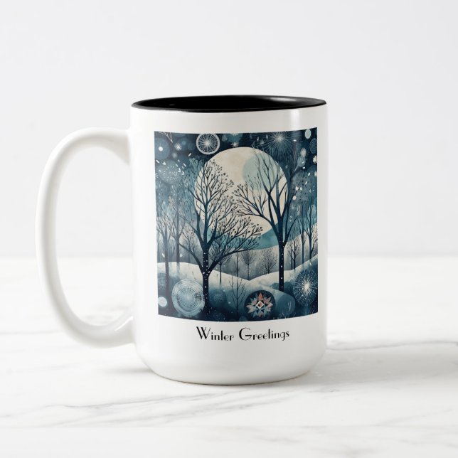 Custom Moonlit Nordic Forest Winter Night Two-Tone Coffee Mug (Left)