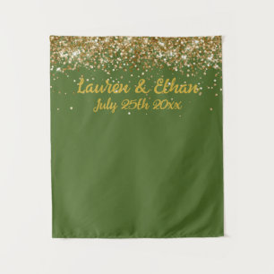 Custom Moss Green Gold Glitter Wedding Photo Booth Tapestry