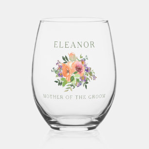 Custom MOTHER OF GROOM Watercolor Orange Floral Stemless Wine Glass
