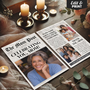 Custom Mothers Day Newspaper Card, Mom Birthday  Holiday Card
