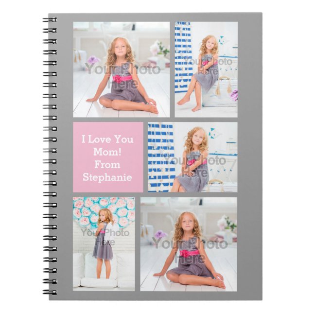 Custom Mothers Day Photo Collage Pink/Green/Gray Spiral Notebook (Front)