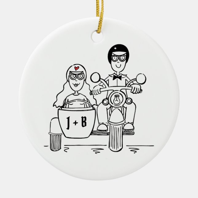 Custom Motorbike and Sidecar Wedding Gift Ceramic Tree Decoration (Front)